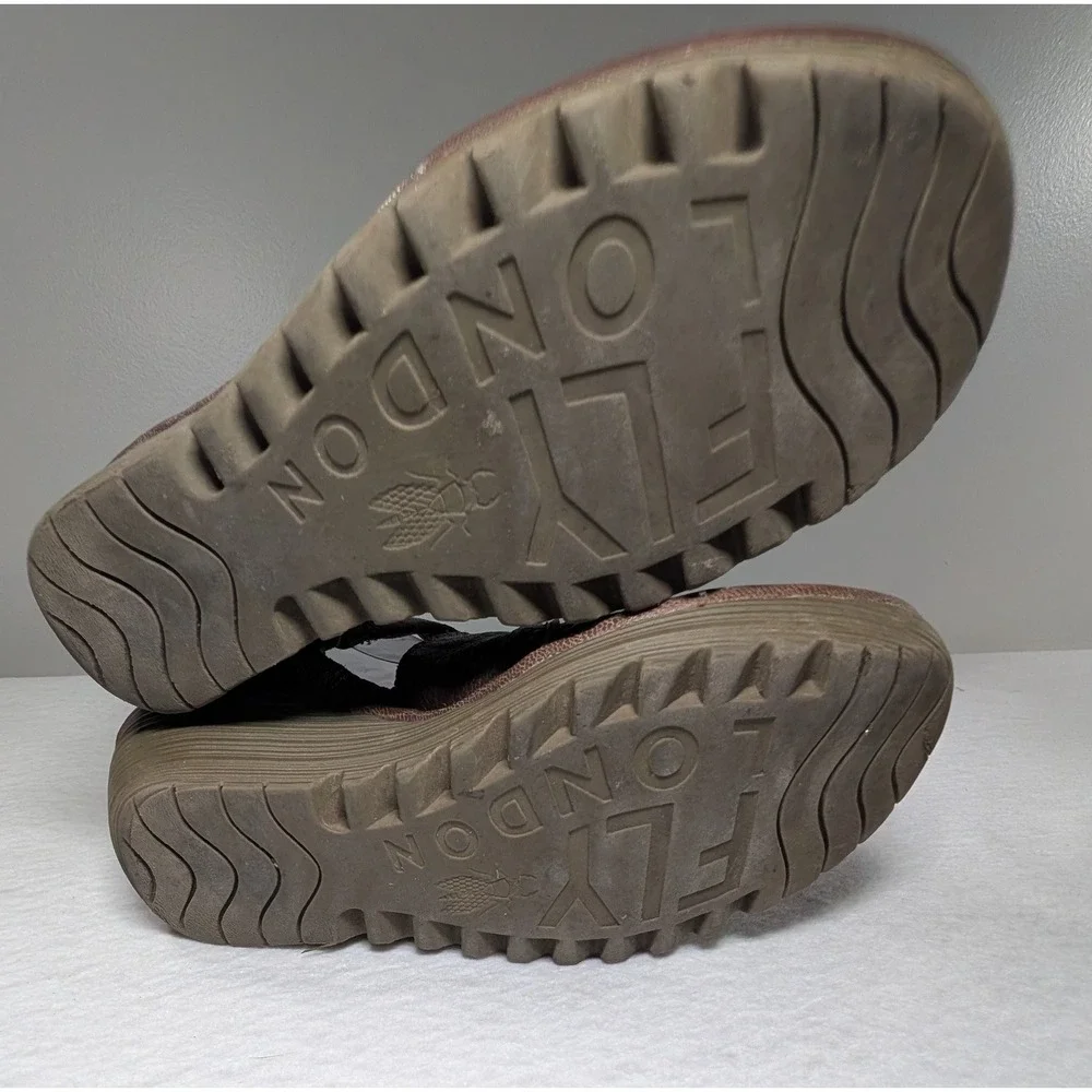 Fly London Pez Brown Leather Wedge Mary Jane Hook & Loop Comfort Shoes Women 8.5